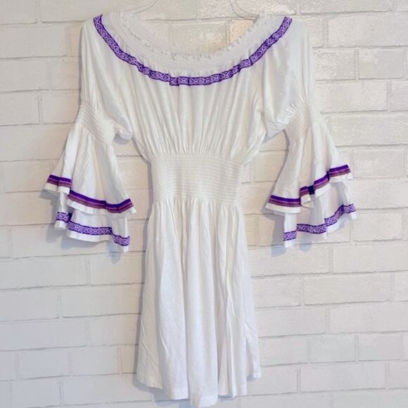 Revolve pitusa white purple embroidery ruffle sleeve cover up dress fits sz 0-6 - Picture 4 of 12